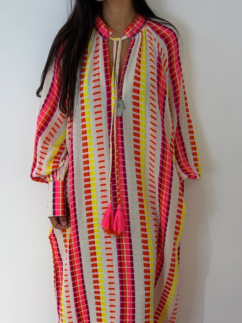 Robe longue en coton jacquard effet lin