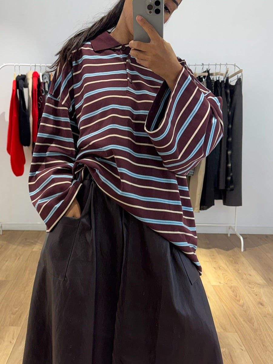 Polo oversize rayé manches longues en coton – bordeaux – vue 3