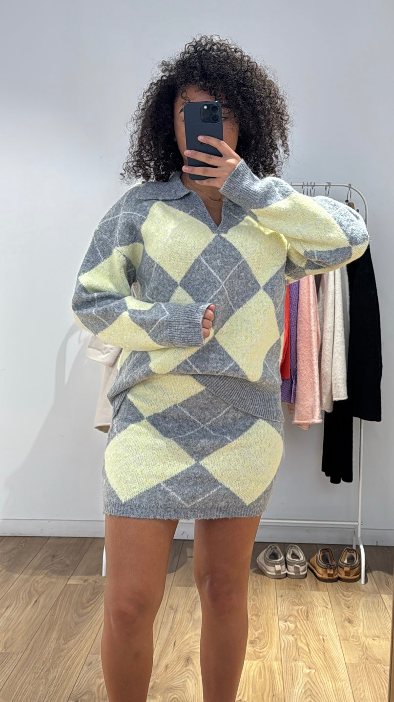 Ensemble maille pull & jupe motif losanges