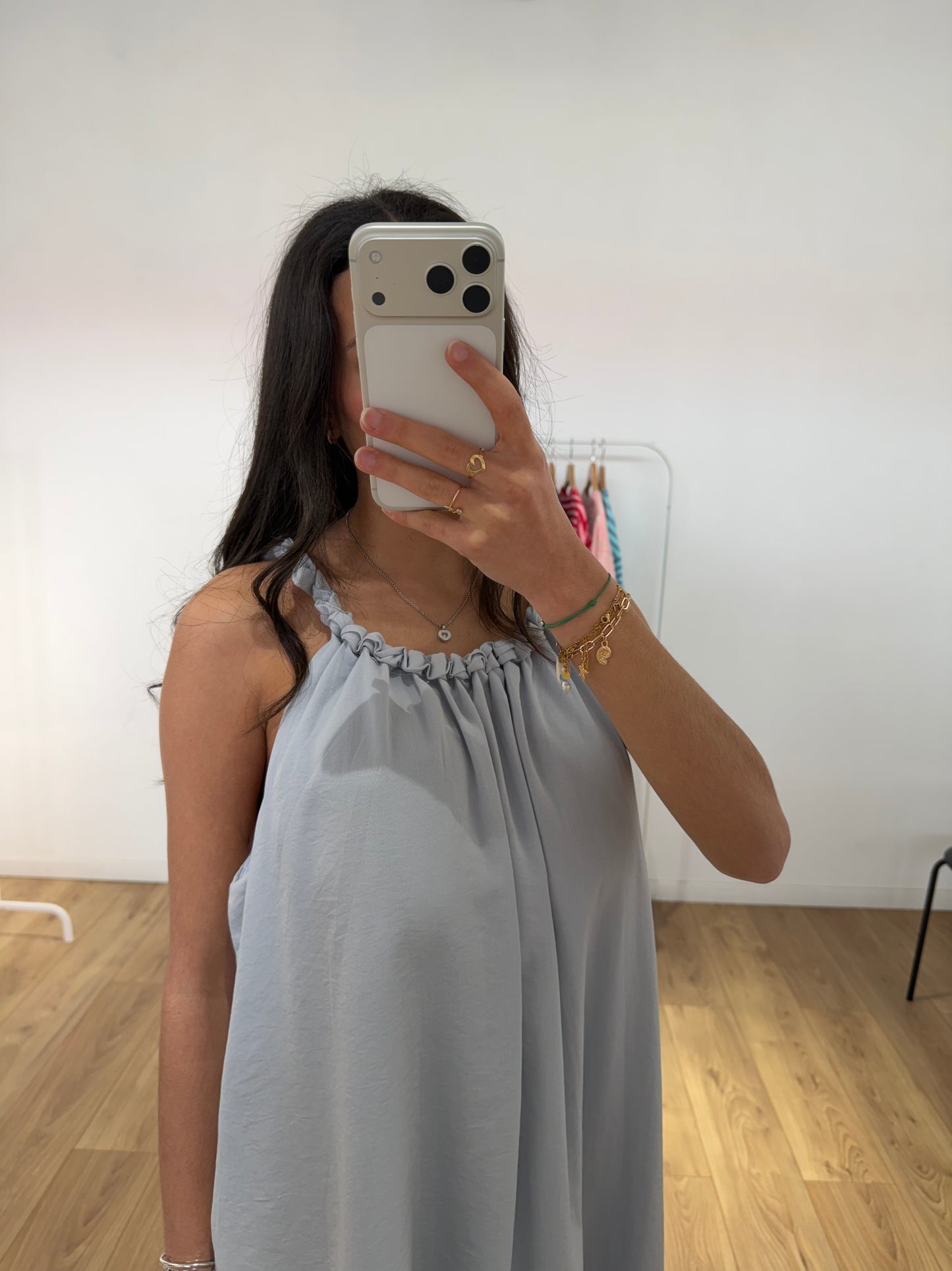 Robe Longue Fluide Bleu Coton – Col Froncé & Bretelles Nouées
