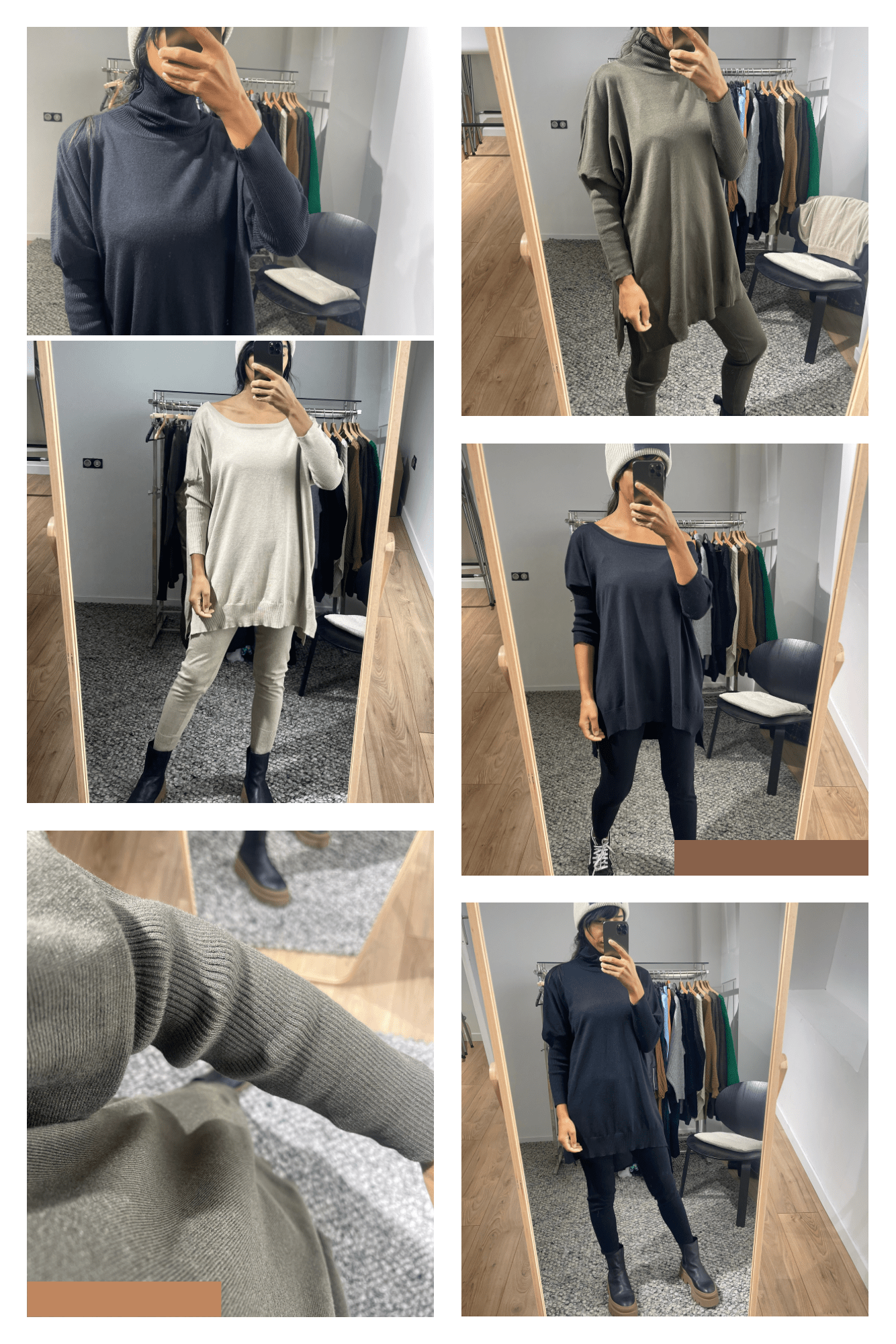 Collage de différents ensembles cosy pour femme, déclinés en cols roulés et cols ronds