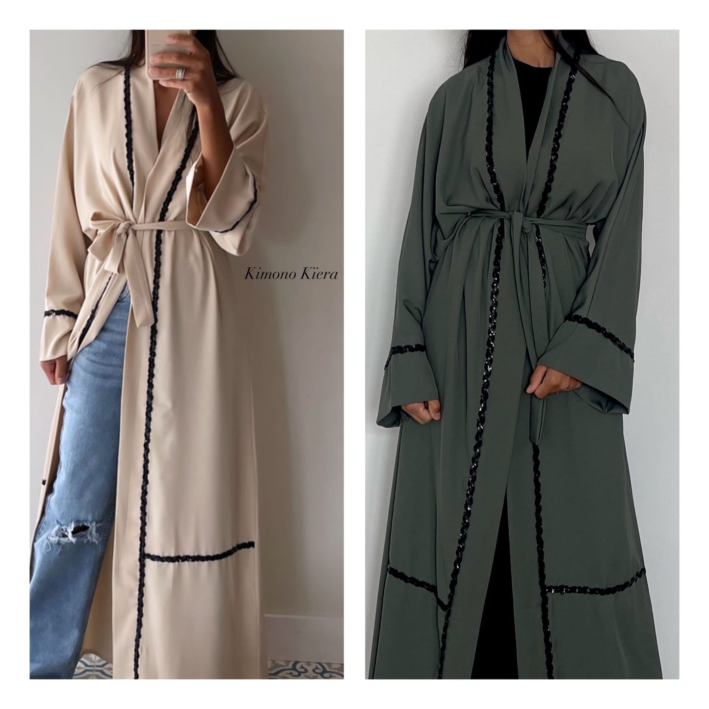 Kimono bicolore femme en vert et beige avec finitions noires
