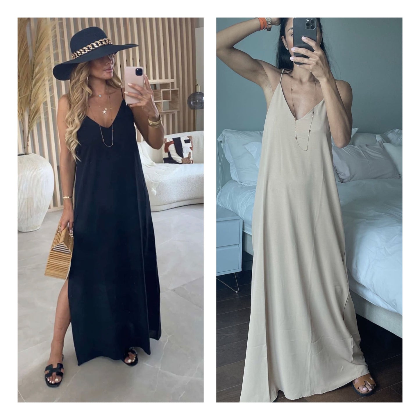 Robe noire fluide avec accessoires dorés et chapeau tendance.
