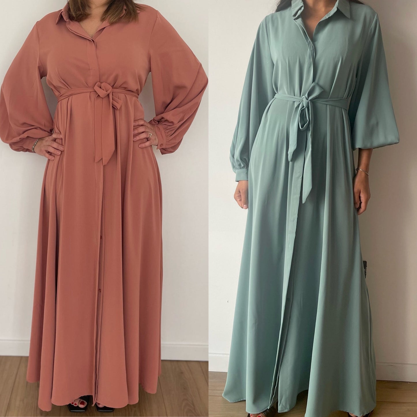 Robes de soirée longues ceinturées en rose tendre et vert menthe pour une élégance moderne