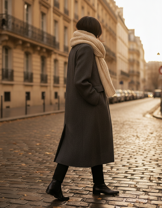 Tendances mode automne-hiver 2026-2027 : manteau long chiné en laine et écharpe oversize à Paris