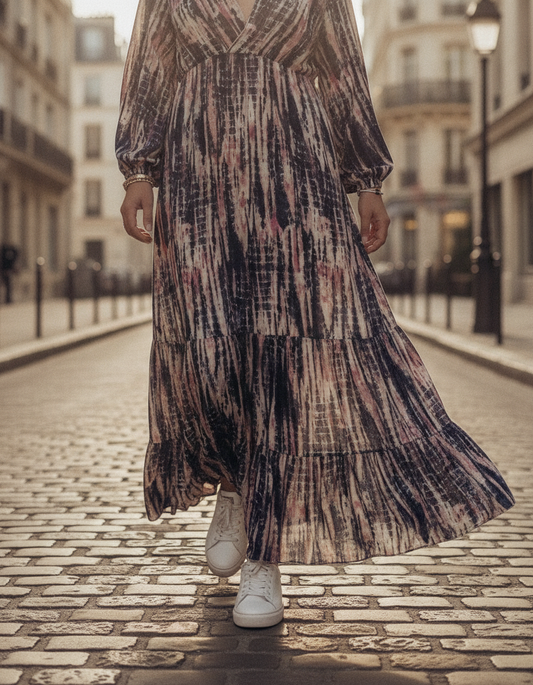 Quelles chaussures avec une robe longue : robe tie and dye bleue et baskets blanches