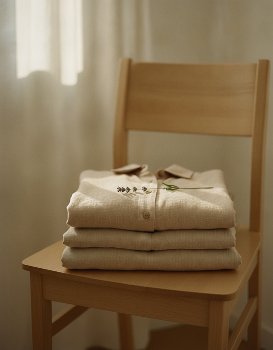 Pile de linge en lin naturel plié sur une chaise en bois dans la lumière du matin, guide d'entretien Kata Paris