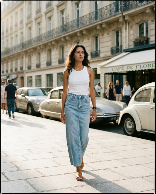 Femme en jupe en jean longue dans une rue parisienne ensoleillée Kata Paris