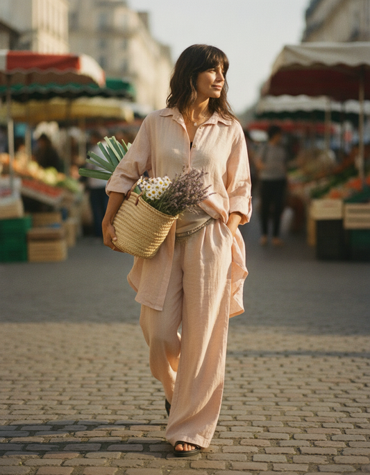 Femme portant l'ensemble en lin beige Kata Paris au marché parisien le matin