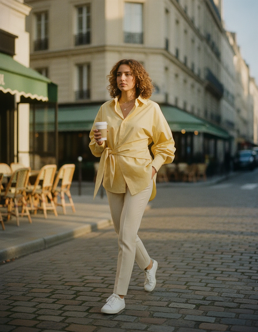 Femme en chemise oversize nouée jaune beurre Kata Paris marchant devant une terrasse de café parisien au matin