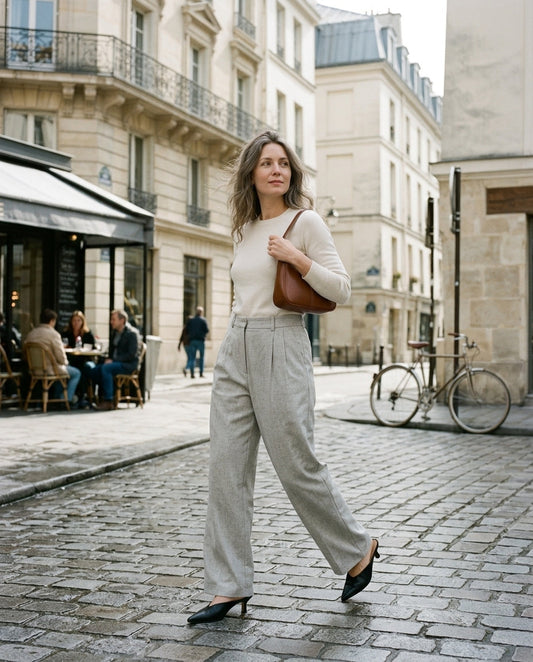 Femme en pantalon large taille haute anthracite Kata Paris dans une rue du Marais