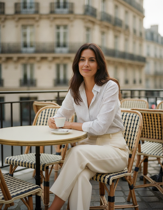 Femme en chemise à rayures fines Kata Paris à la terrasse d'un café parisien