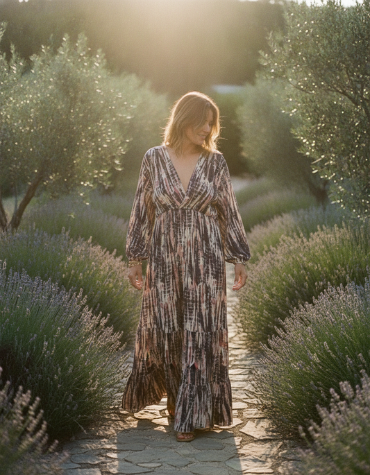 Femme en robe longue tie and dye Kata Paris dans un jardin de Provence à la lumière dorée