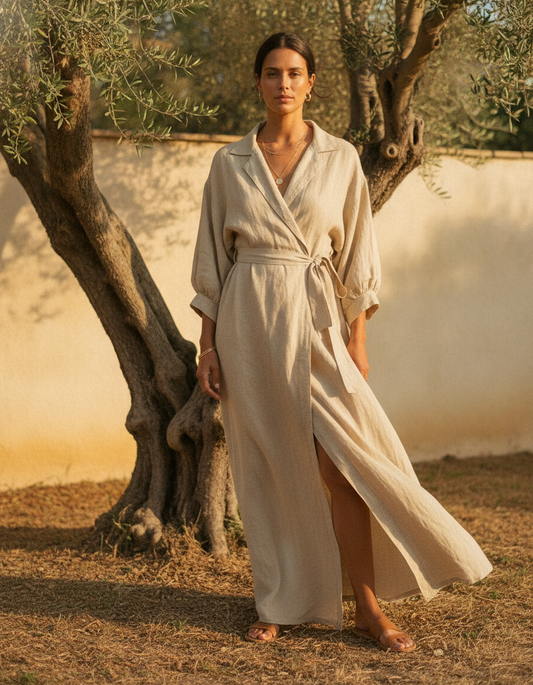Femme en robe kimono en lin naturel Kata Paris dans un jardin méditerranéen au coucher du soleil