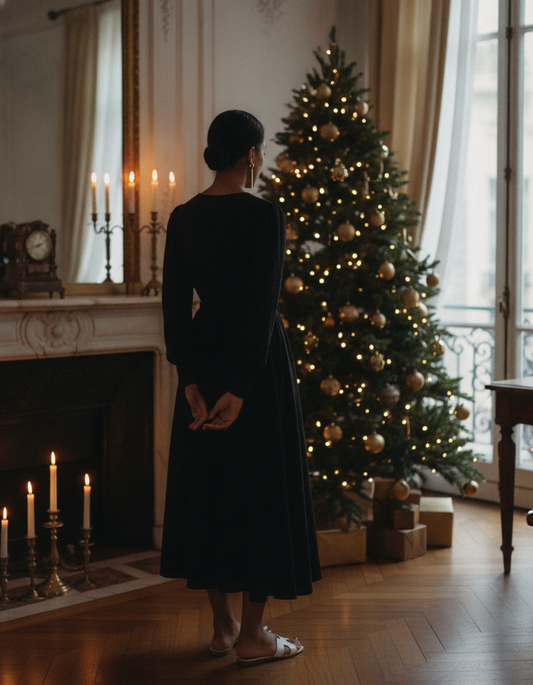 Tenue de Noël femme : robe sombre élégante près du sapin à la lueur des bougies