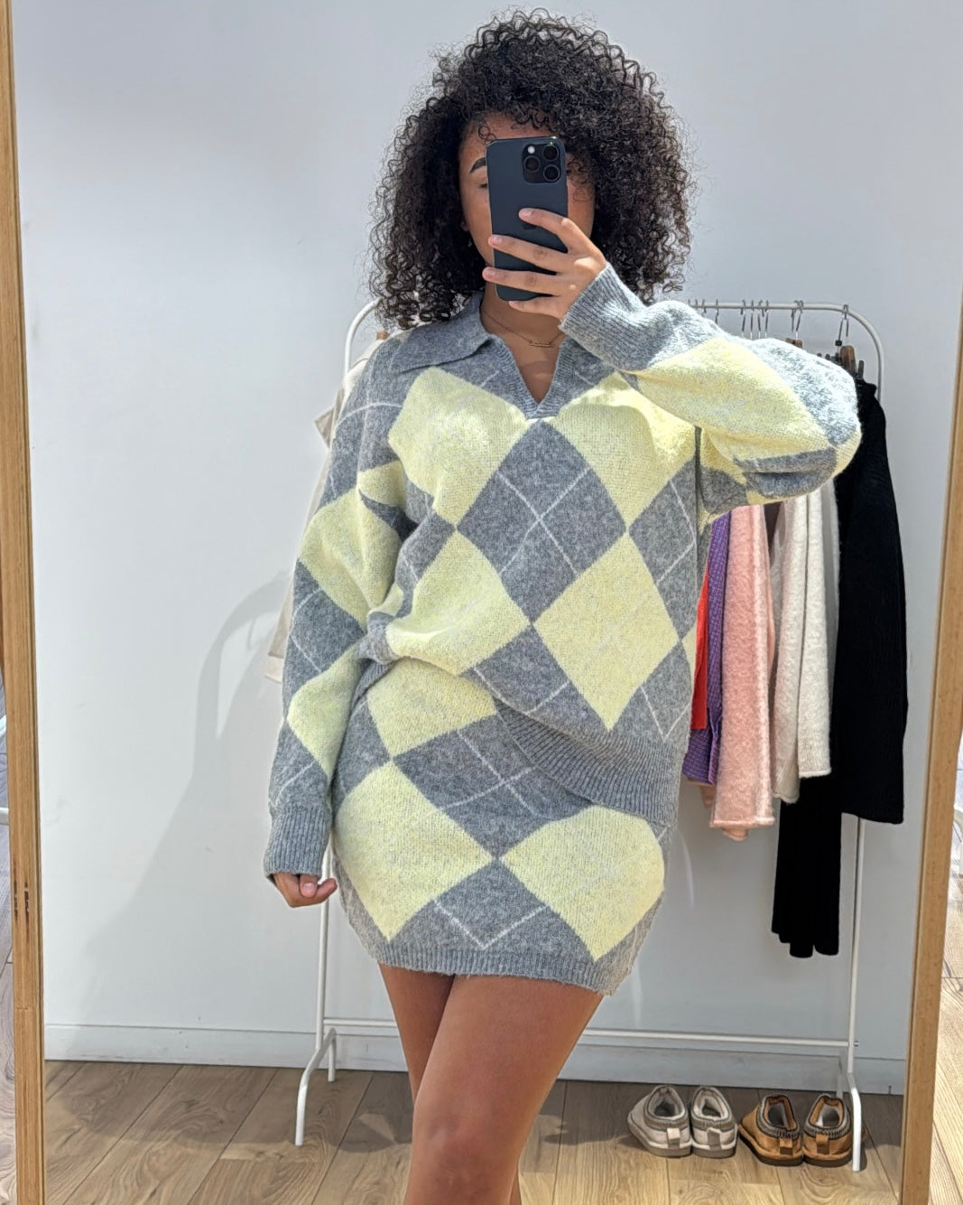 Ensemble maille pull & jupe motif losanges