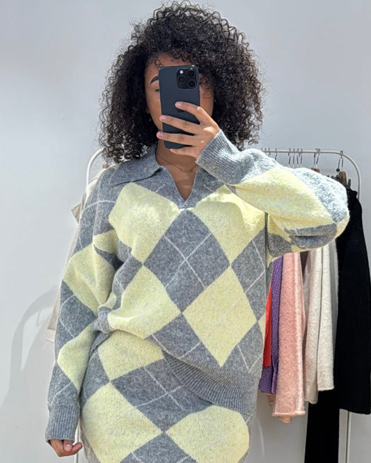 Ensemble maille pull & jupe motif losanges