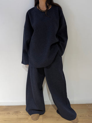Pantalon chiné femme style baggy taille élastique marine gris Kata Paris