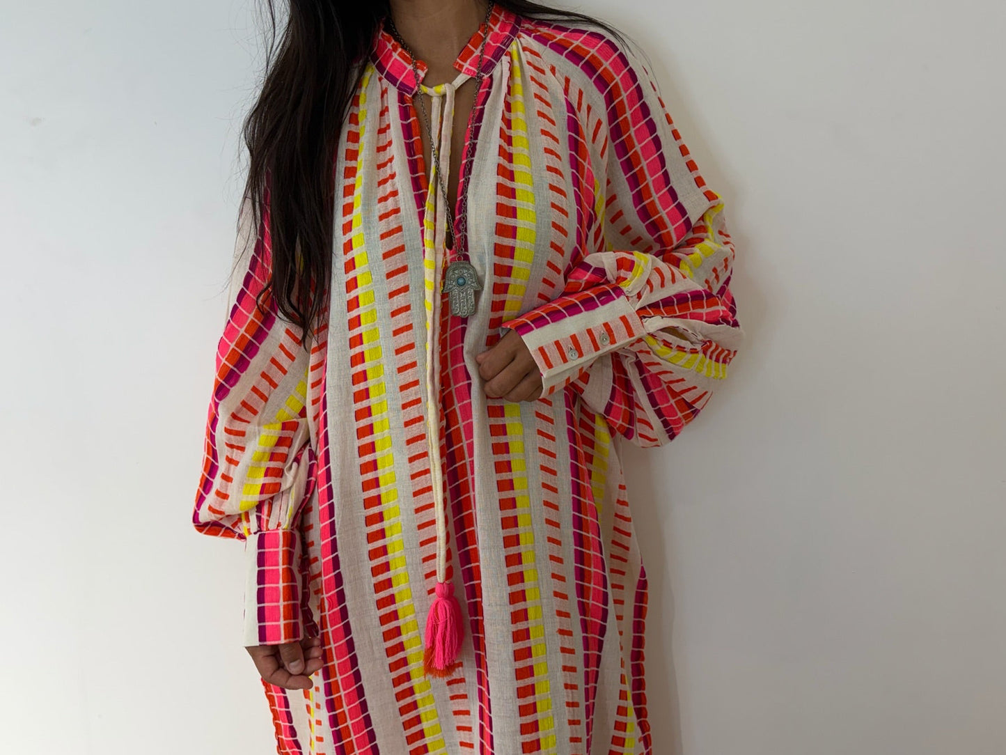 Robe longue en coton jacquard effet lin