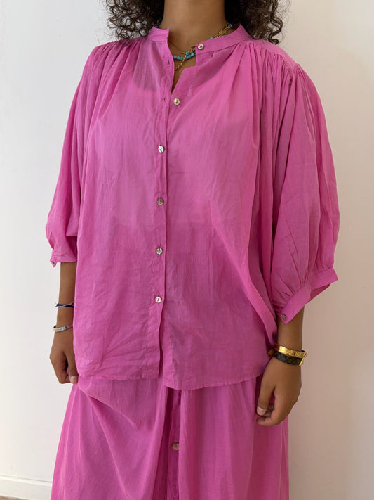 Chemise en voile de coton – Bleu marine / rose fuchsia