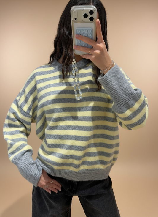 Pull rayé femme bicolore gris jaune rose léger Kata Paris