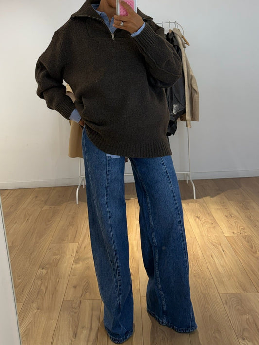 Pull Long Laine Col Camionneur Beige & Marron | Kata Paris