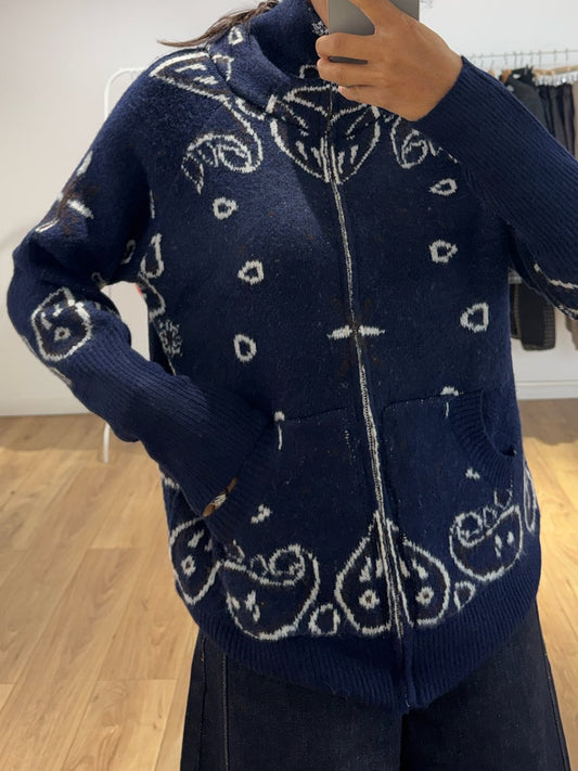 Gilet zippé col montant jacquard bleu marine