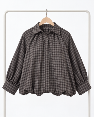 Chemise ample à carreaux manches bouffantes – marron – KATA PARIS