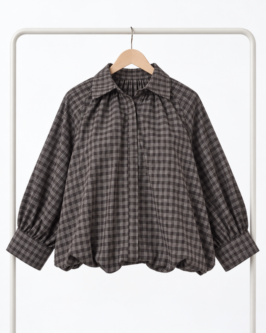 Chemise ample à carreaux manches bouffantes – marron – KATA PARIS