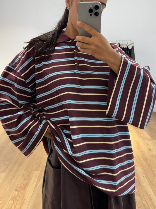 Polo oversize rayé manches longues en coton – bordeaux – KATA PARIS