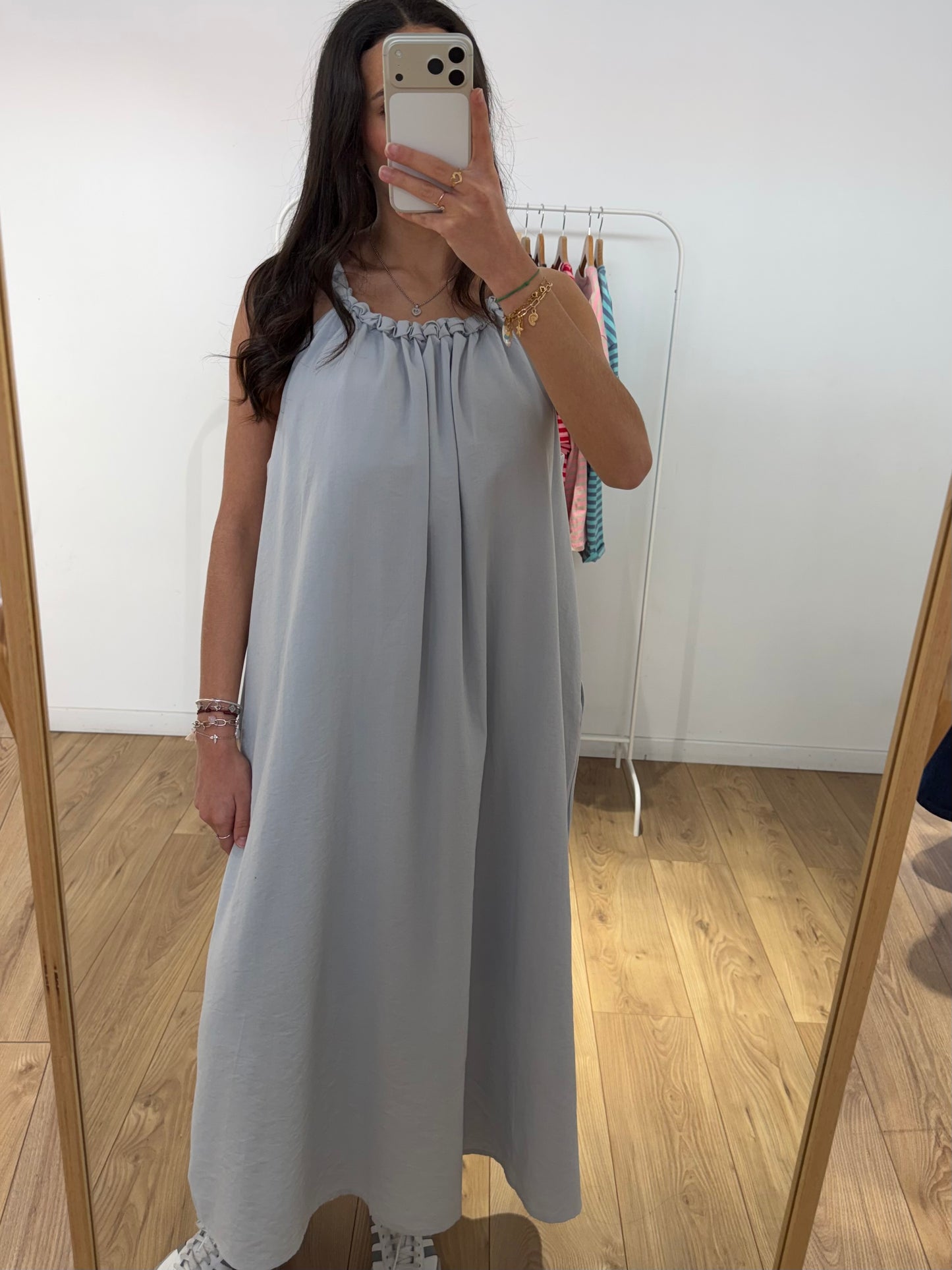Robe Longue Fluide Bleu Coton – Col Froncé & Bretelles Nouées