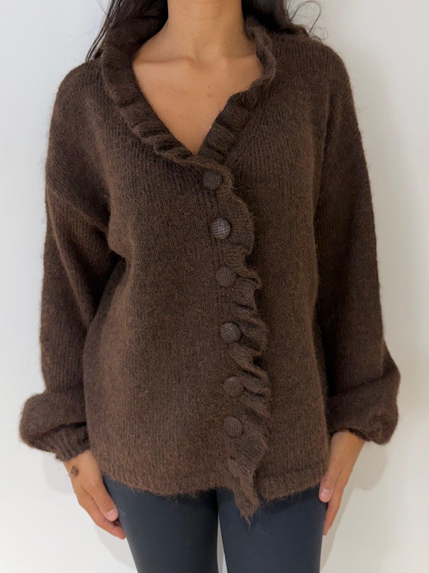 Gilet bouton et froufrou laine mélange