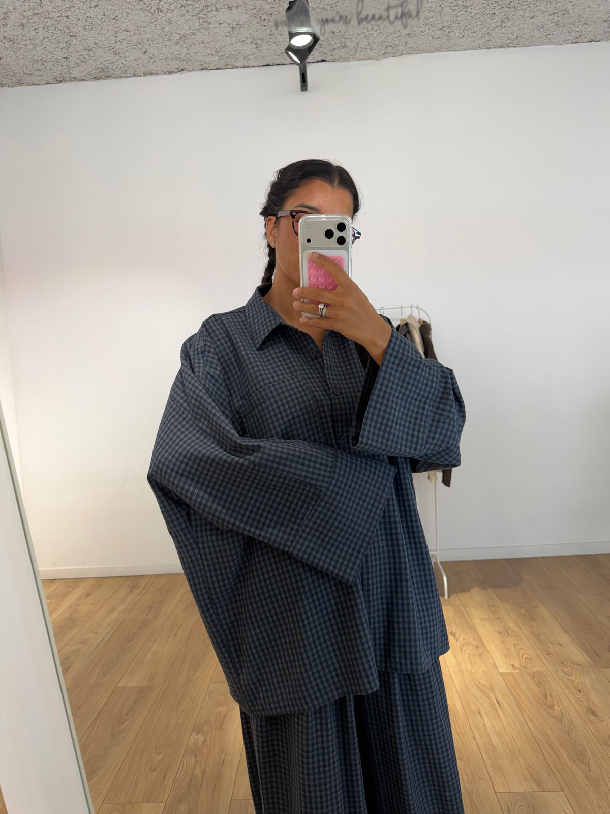 Ensemble Chemise Pantalon Carreaux Bleu Gris Automne | Kata Paris