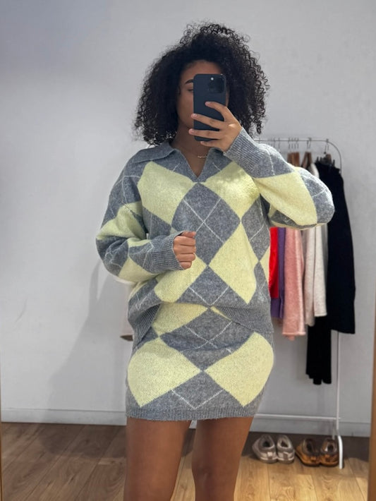 Ensemble maille pull & jupe motif losanges