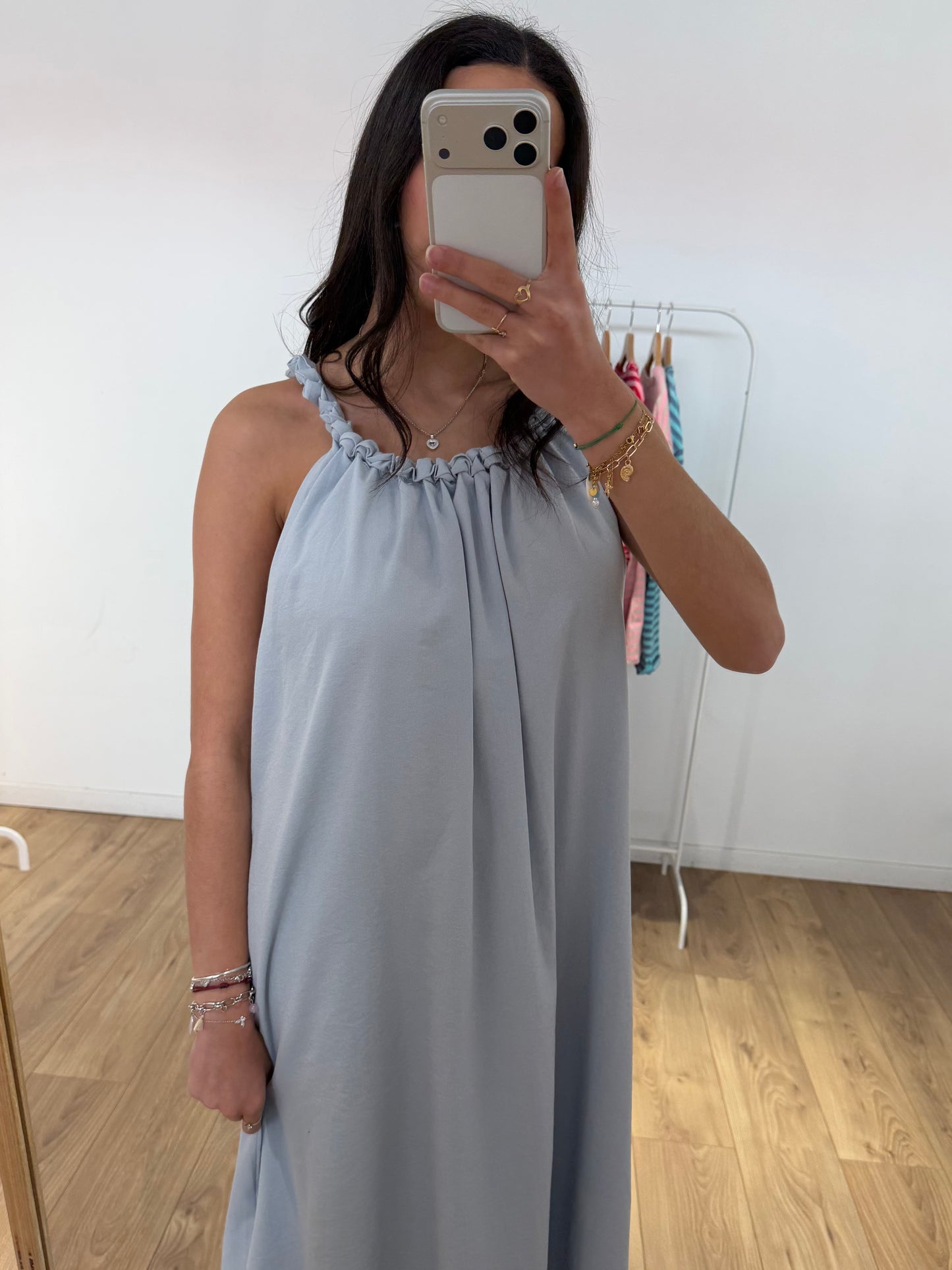 Robe Longue Fluide Bleu Coton – Col Froncé & Bretelles Nouées