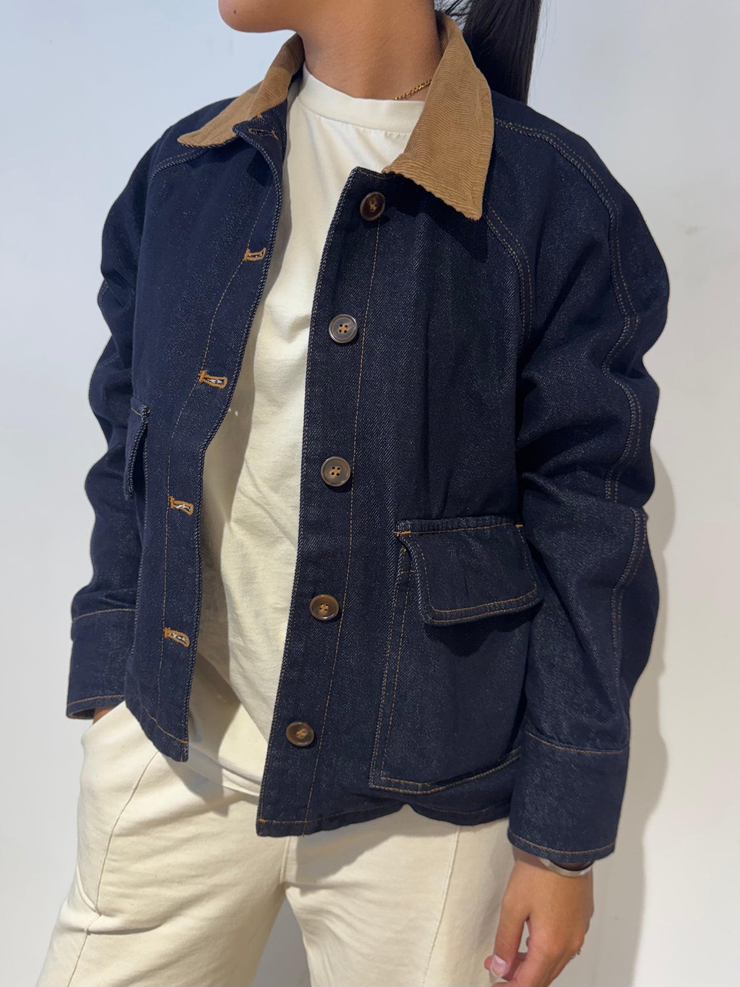 Veste en jean brute col camel