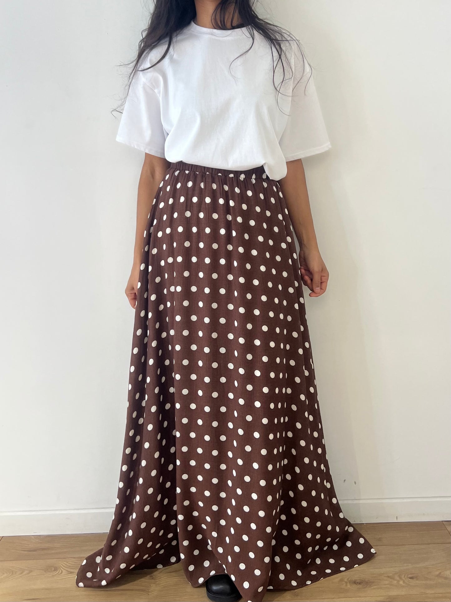 Jupe longue à pois, ourlet asymétrique, taille élastique femme
