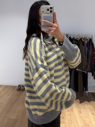 Pull rayé femme bicolore gris jaune rose léger Kata Paris