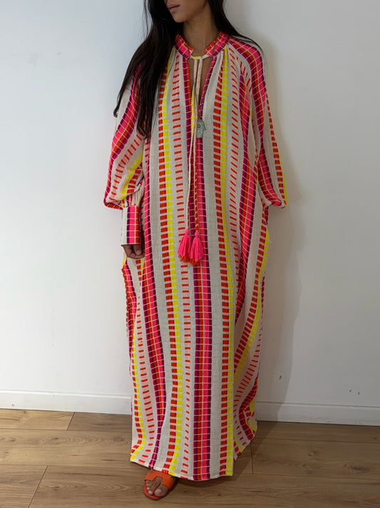 Robe longue en coton jacquard effet lin