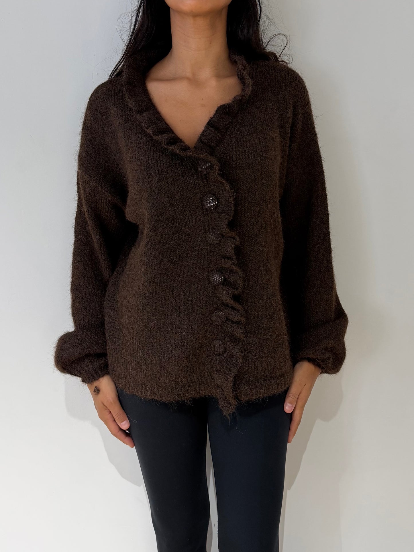 Gilet bouton et froufrou laine mélange