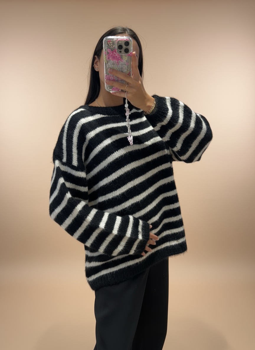 Pull marinière noir et beige en Laine Melangé - 2 Coloris