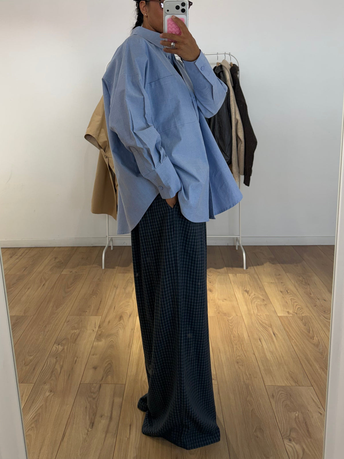 Ensemble Chemise Pantalon Carreaux Bleu Gris Automne | Kata Paris