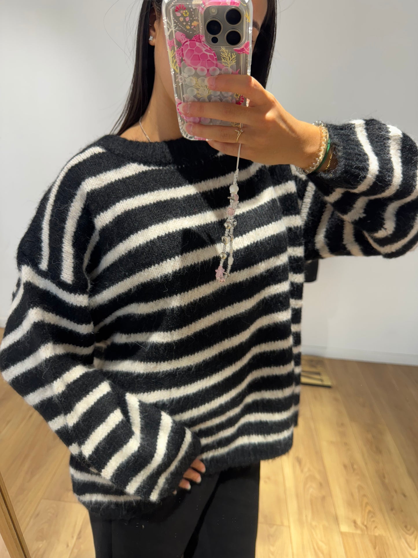 Pull marinière noir et beige en Laine Melangé - 2 Coloris