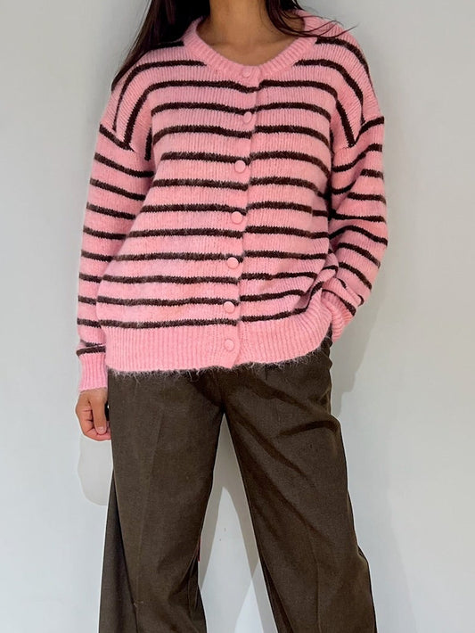 Cardigan rayé femme maille douce rose bleu Kata Paris