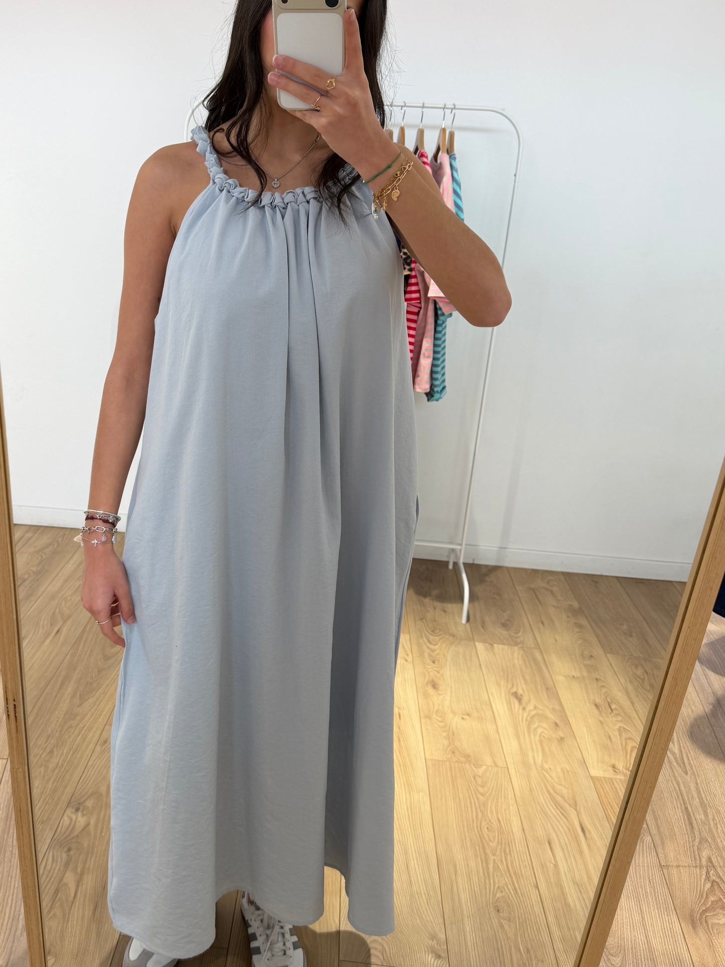 Robe Longue Fluide Bleu Coton – Col Froncé & Bretelles Nouées