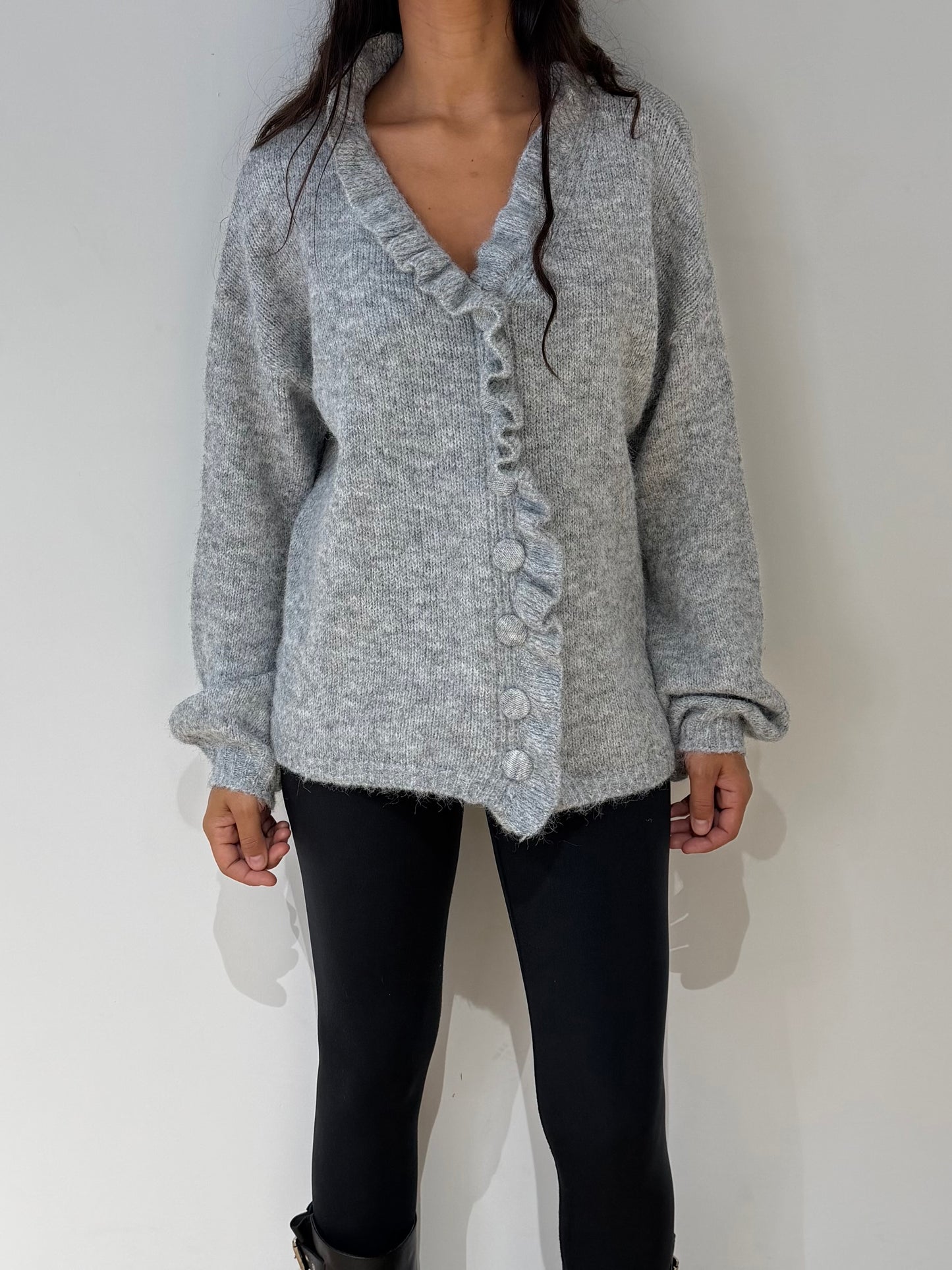 Gilet bouton et froufrou laine mélange