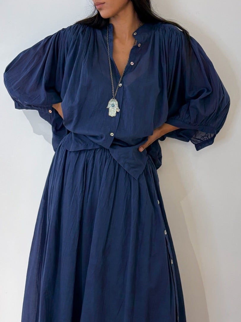 Chemise en voile de coton – Bleu marine / rose fuchsia
