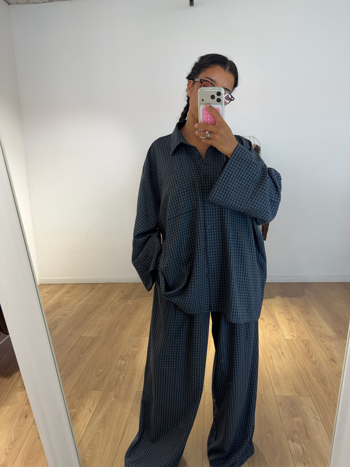 Ensemble Chemise Pantalon Carreaux Bleu Gris Automne | Kata Paris