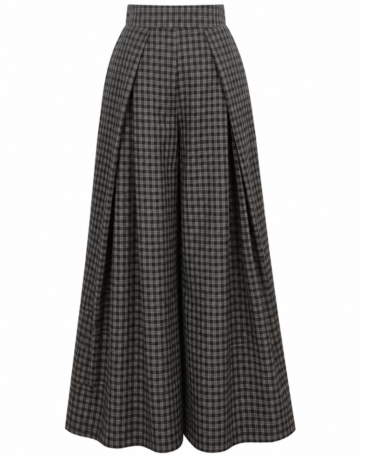 Pantalon large à plis taille haute à carreaux – marron – KATA PARIS