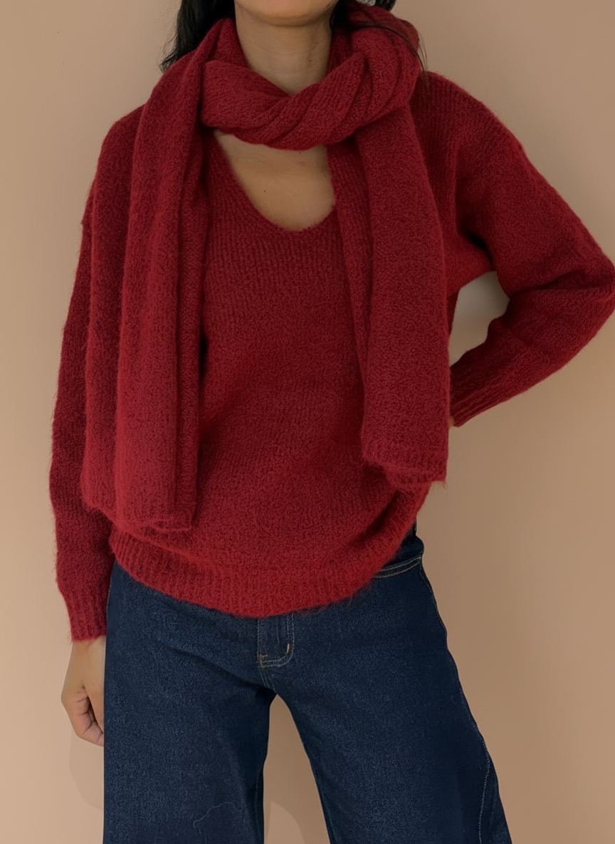 Pull Laine mélangé avec écharpe